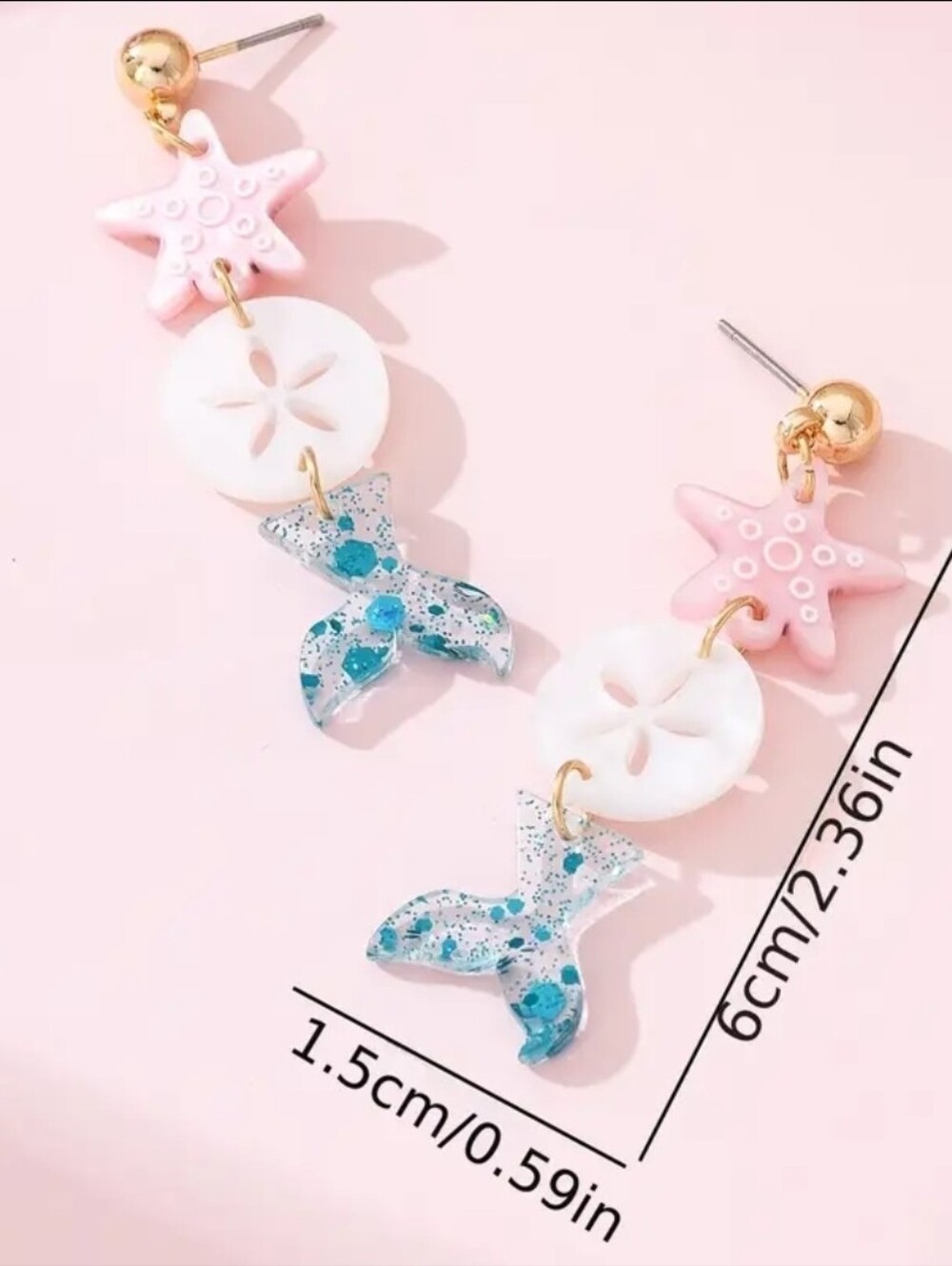 A Real Fisb Tale .. Gold Pink Starfish and Blue Mermaid Tail Earrings - Picture 3 of 3